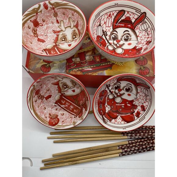 Chinese New Year Rice Bowls Set Of Four Year Of Rabbit With Chopsticks - Picture 2 of 7